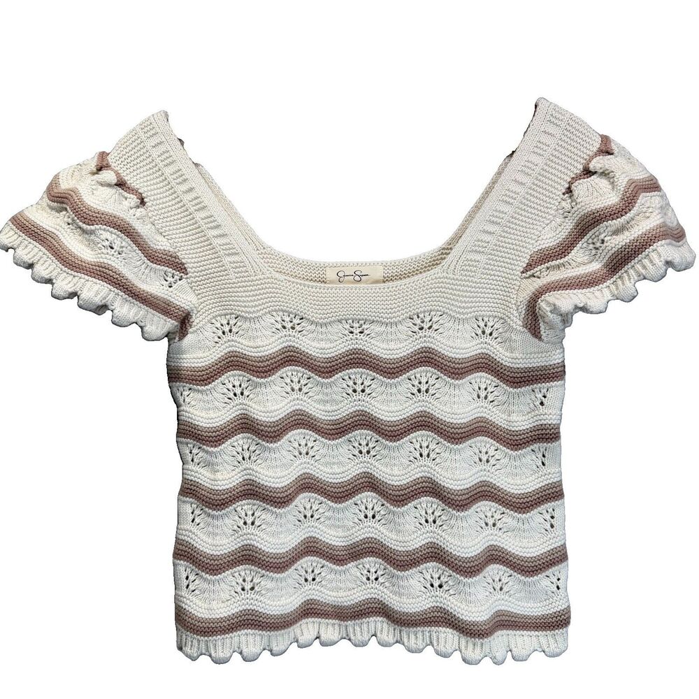 Jessica Simpson Women’s XL 100% Cotton Striped Crochet Knit Blouse Cream Tan Y2K